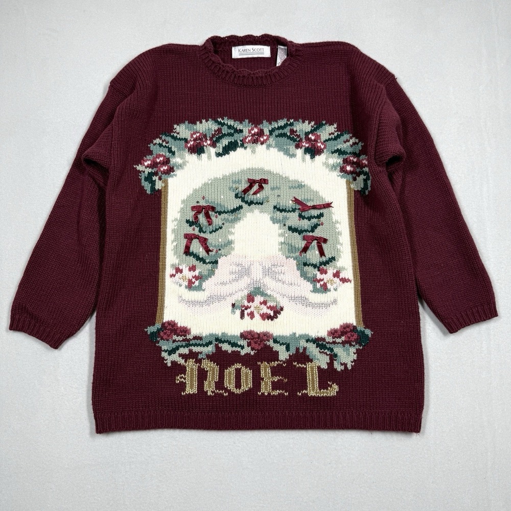 Vintage Christmas Sweater Womens Large Noel Wreath Bows Victorian 90s‎ Pullover